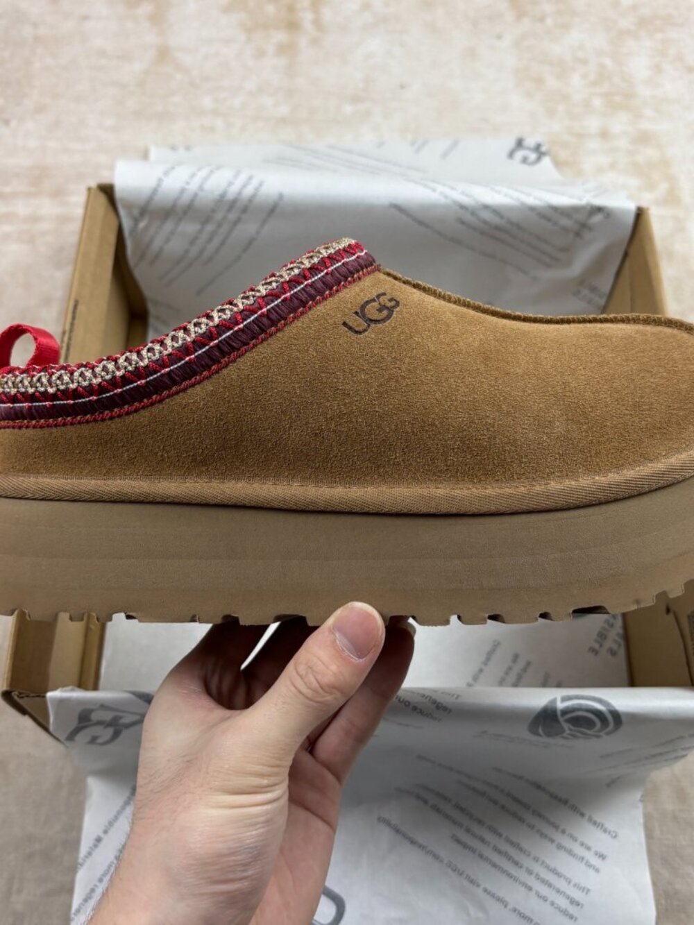 UGG Chestnut Slip-On Slippers with Red Braided Trim – Brand New